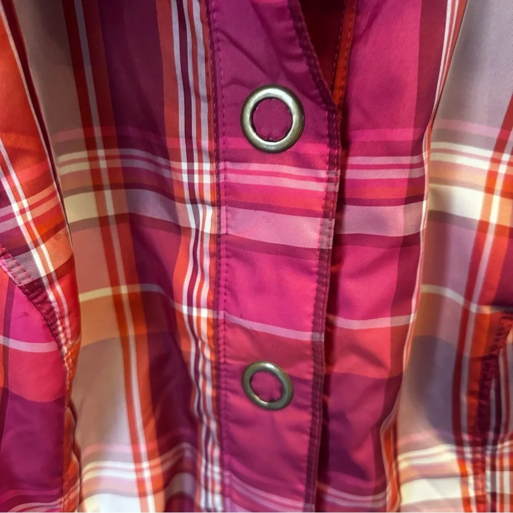 CJ Banks Womens Plus Size 1X Plaid Snap Up‎ Ruffle Collar Pocket Vest Pink EUC